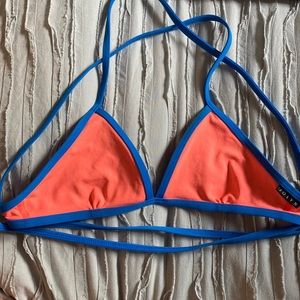 Neon pink jolyn bikini top with blue trim size small